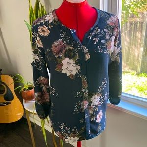 c&e jewel tones floral blouse, small, button-up front, 3/4 sleeves with button